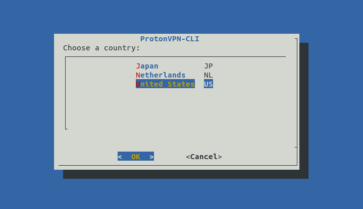 protonvpn-cli 选择一个国家