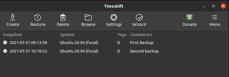 Timeshift 中的快照列表