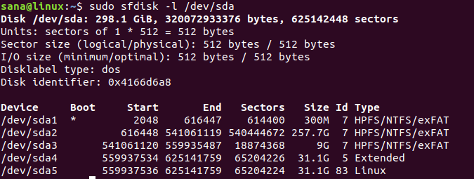 sfdisk 命令显示的分区