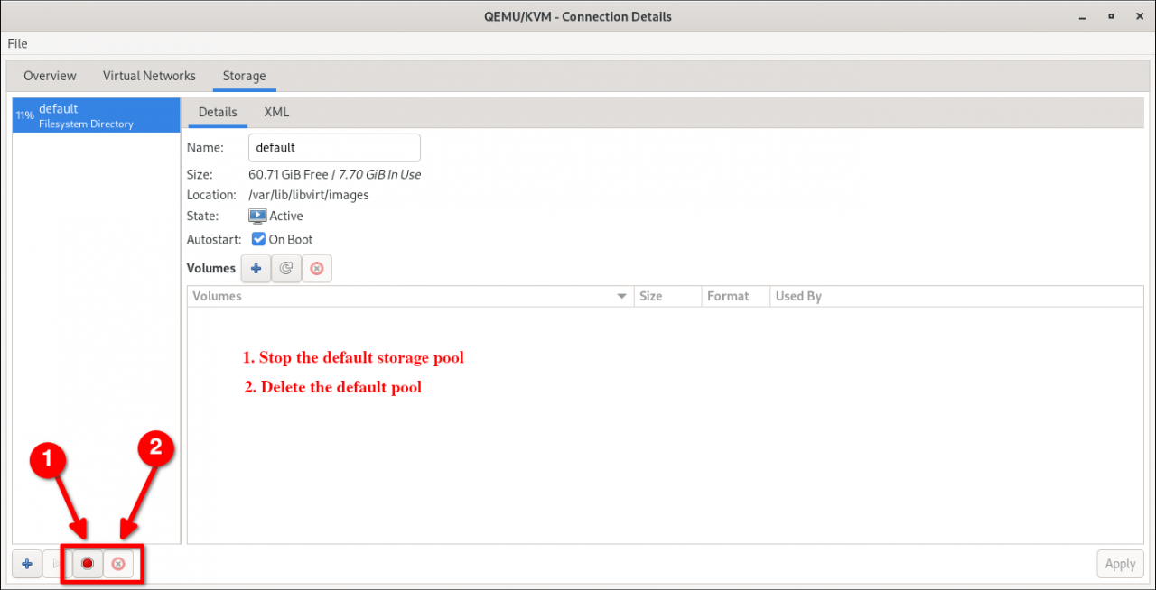 停止和删除 KVM Libvirt 默认存储池