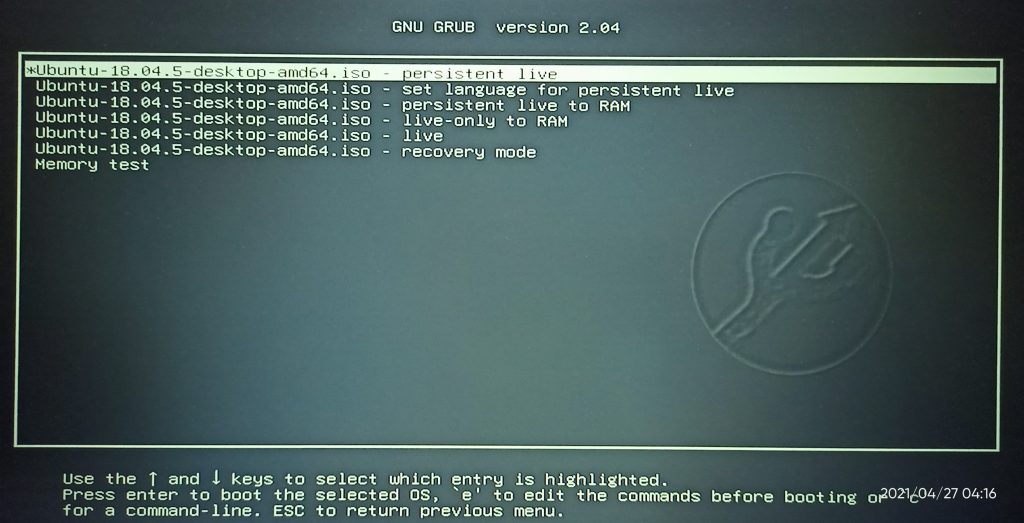 Ubuntu Persistence Usb 的启动菜单