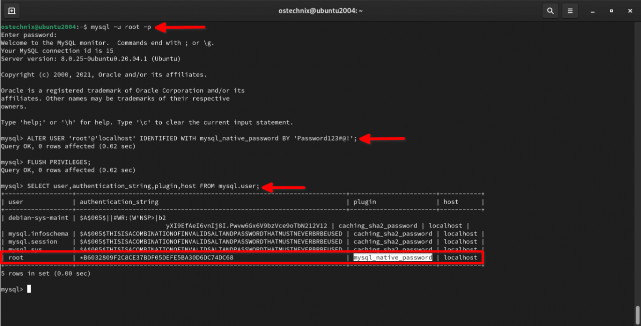 将 MySQL root 用户的身份验证插件更改为 mysql_native_password