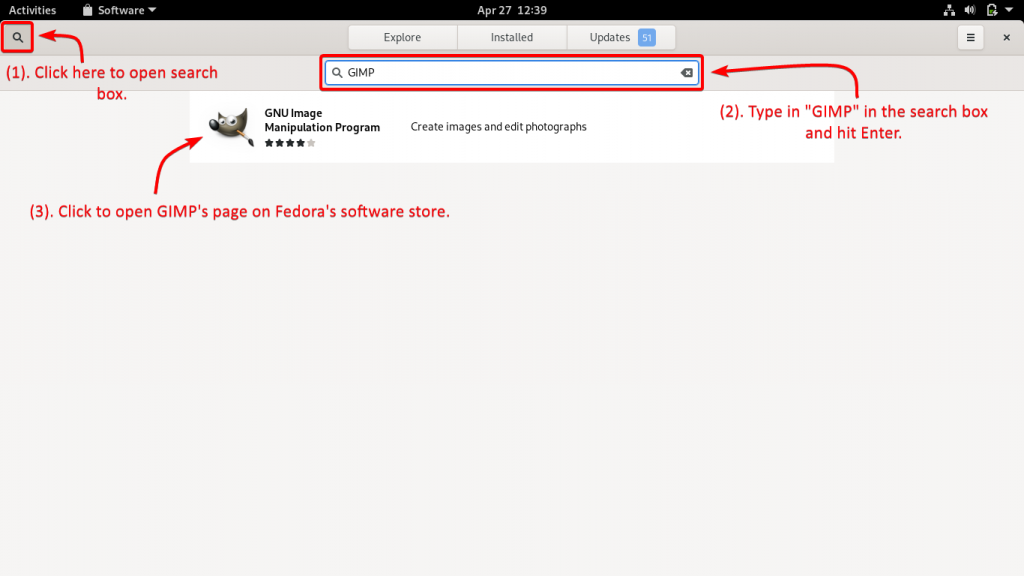 在 Fedoras 软件商店中搜索 GIMP
