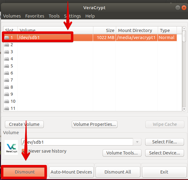 卸载 VeraCrypt 卷