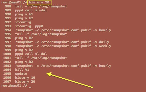 Fig.06:  View session history in the bash shell using history command