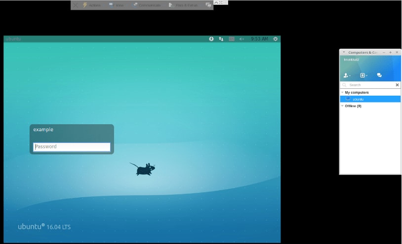 连接到我的运行 Xfce 和 LightDM 的 Ubuntu 16.04 LTS 的 TeamViewer 示例。