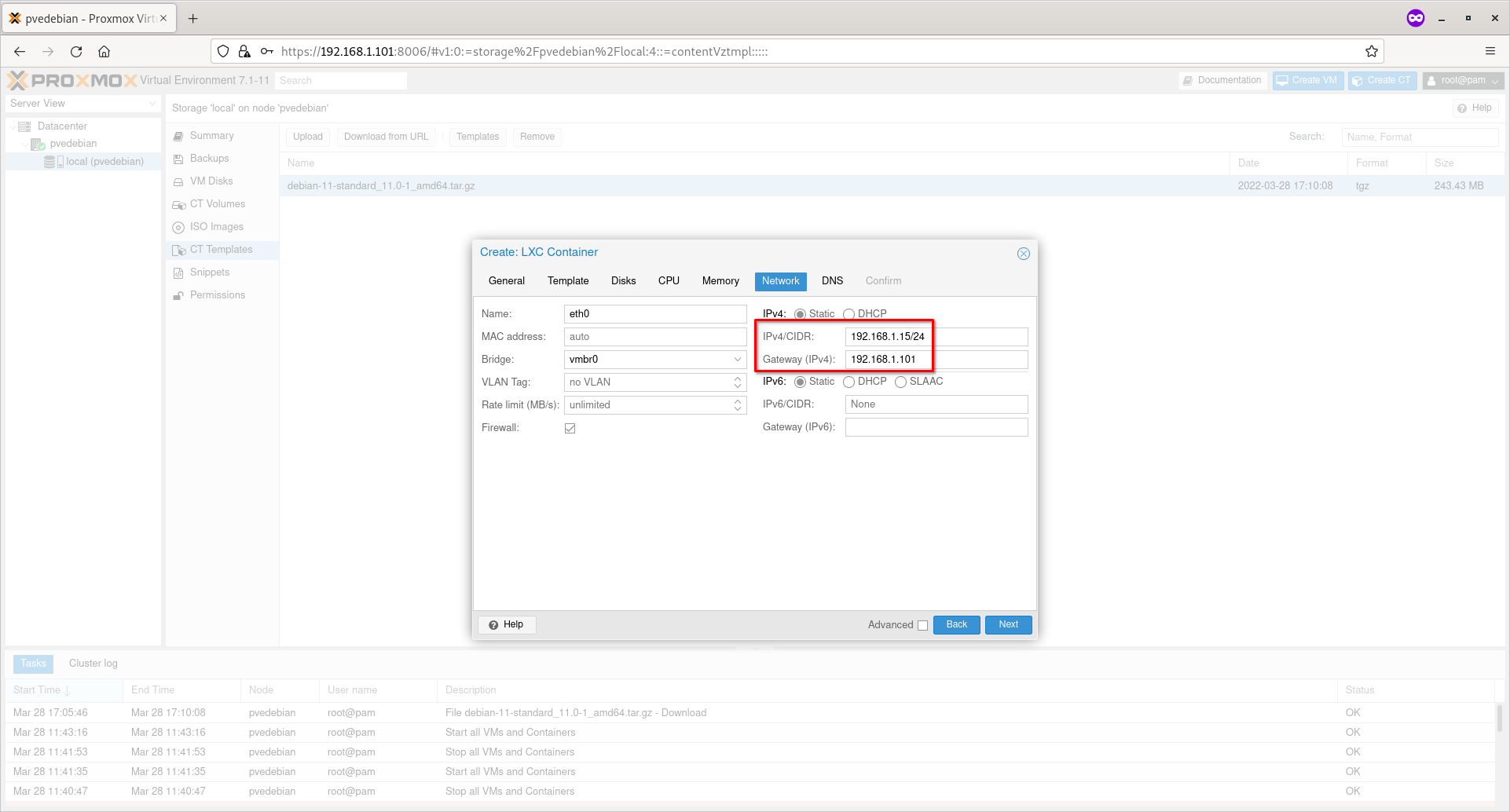 Enter  容器的 IP 地址和网关