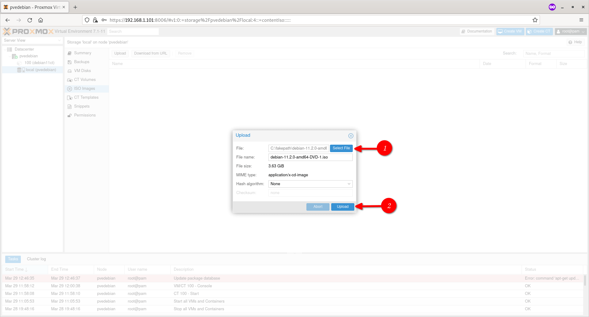 将 ISO 文件上传到 Proxmox 存储